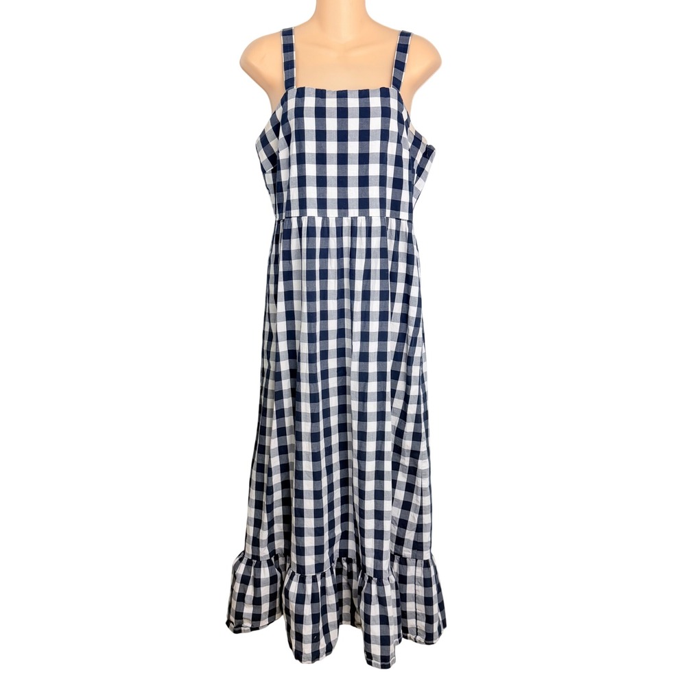 J. Crew Navy White Gingham Smocked Back Ruffle Hem Midi Dress Womens Medium